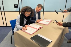 Sail Training International Commercial Director, Vanessa Mori, and Monsieur Patrice Vergriete, President of the Communauté Urbaine de Dunkerque, attend a press conference to announce Dunkirk as host of the conference in 2023